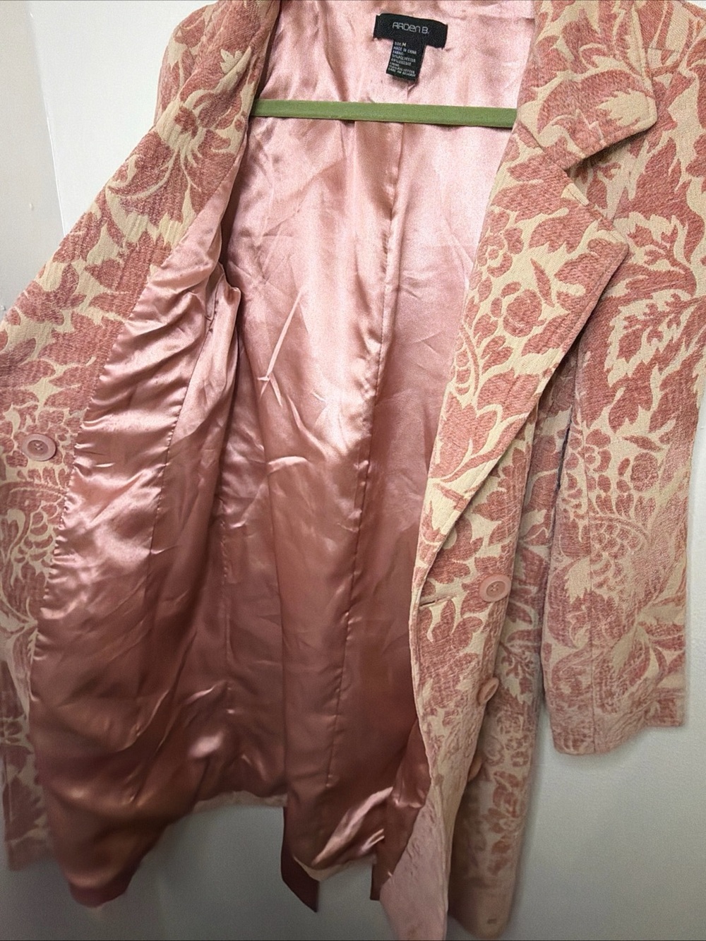 Y2K Arden B. blush pink floral brocade tapestry trench coat size medium - Picture 10 of 12